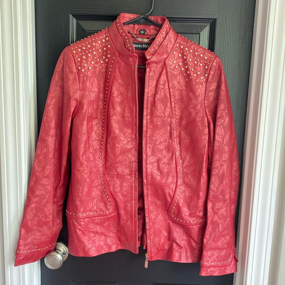 Pamela McCoy Women’s Red, Floral, Full-Zip, Accented, Leather Jacket-Size S